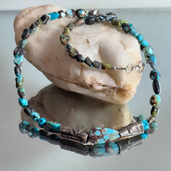 Genuine Hubei Turquoise Choker Necklace Sterling Silver Handmade Tribal - Picture 6 of 11